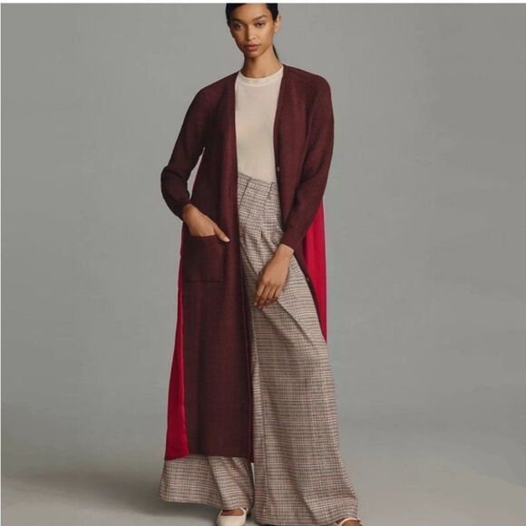 NWT ANTHROPOLOGIE Long Twofer Cardigan Sweater S Two Tone Duster Red Brown - Picture 2 of 5